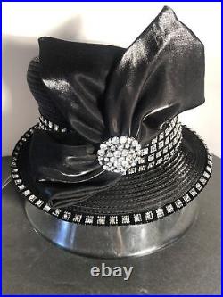 Vintage Whittall & Shon fashion black hat with bow & rhinestones. NWT