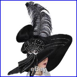 Vintage Women Derby Church Wide Brim Hat Party Fedora Wedding Dress Black Hats