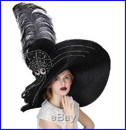Vintage Women Derby Church Wide Brim Hat Party Fedora Wedding Dress Black Hats