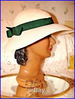 Vintage Women' Hat 1940's Genuine Panama Straw Hat With Green Ribbon