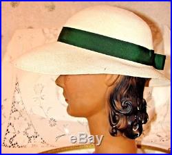 Vintage Women' Hat 1940's Genuine Panama Straw Hat With Green Ribbon