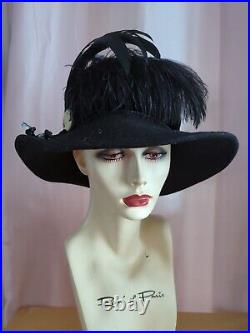 Vintage Women's Black 100% Wool Feathers & Cameo Dress Hat 22 Mint Condition