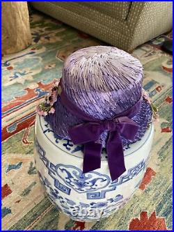 Vintage Women's Purple Straw Hat W Pink Flowers Velvet Bow Bon Ton Millinery