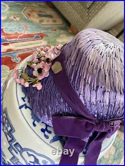 Vintage Women's Purple Straw Hat W Pink Flowers Velvet Bow Bon Ton Millinery