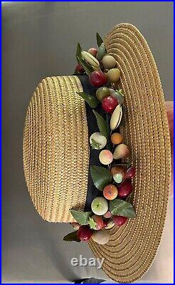 Vintage Women's Straw Hat with Millinery Fruit Wreath Band Apples Pears Leaves