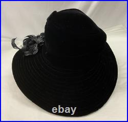 Vintage Women's Union Made Black Velvet Hat with Feathers