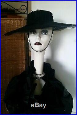 Vintage Womens STETSON Hat 50s Platter Cut Out Brim Blk Felt Rare! Chin Strap