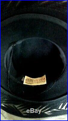 Vintage Womens STETSON Hat 50s Platter Cut Out Brim Blk Felt Rare! Chin Strap