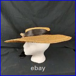 Vintage Womens Straw Hat Wide Brim Black Silk Ribbon Artificial Flowers Flat Top