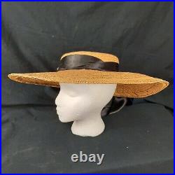 Vintage Womens Straw Hat Wide Brim Black Silk Ribbon Artificial Flowers Flat Top