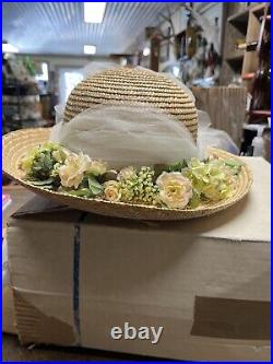 Vintage Woven Straw Hat Bonnet with Vintage Silk Flower Wreath 1960s -1 Owner
