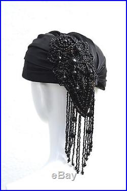 Vintage black silk turban hat with victorian jet black beads embroidery fringe