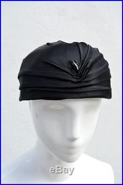 Vintage black silk turban hat with victorian jet black beads embroidery fringe