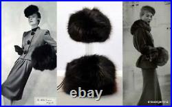 Vintage fox fur hat and muff deep brown black long glossy luxurious hairs
