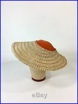 Vintage late 1940's to early 1950's orange velvet & straw saucer beach sun hat
