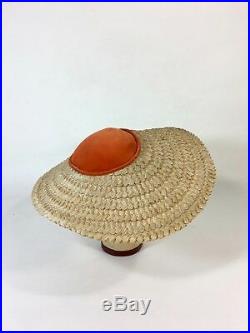 Vintage late 1940's to early 1950's orange velvet & straw saucer beach sun hat
