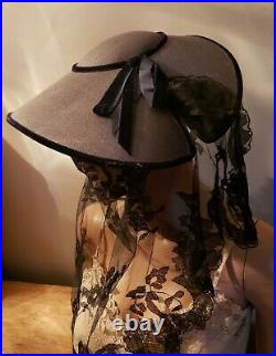 Vintage mourning widow funeral hat veil 1940's velvet black navy Wiccan goth os