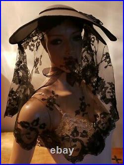 Vintage mourning widow funeral hat veil 1940's velvet black navy Wiccan goth os