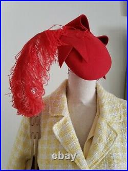 Vintage red felt Adolfo hat fascinator S feather halo pillbox