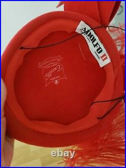 Vintage red felt Adolfo hat fascinator S feather halo pillbox