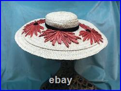 Vintage straw hat 1940s Wide Brim Raffia 50s Tilt Emme. French Shop 6 1/2 White
