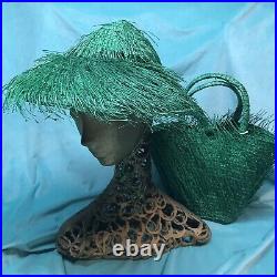 Vintage straw hat bag set 1950s 1940s 60s Raffia Purse Beach Pinup Saucer Tilt