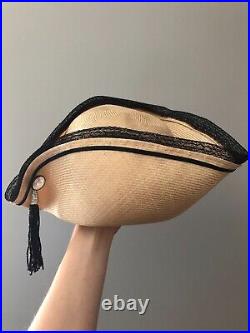 Vintage woman's beige hat with beaded tassel. Brand Chapeau Creations, Straw