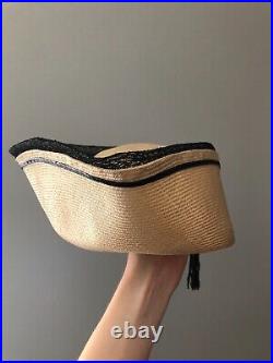 Vintage woman's beige hat with beaded tassel. Brand Chapeau Creations, Straw