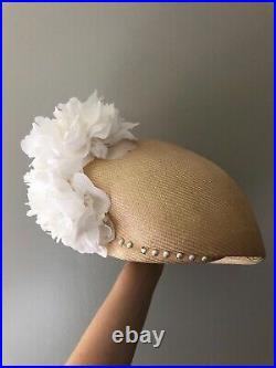 Vintage woman's beige hat with large peonies. Brand Mr. John, Classic. Straw