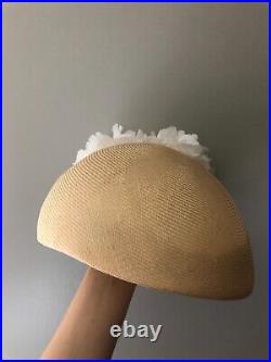 Vintage woman's beige hat with large peonies. Brand Mr. John, Classic. Straw