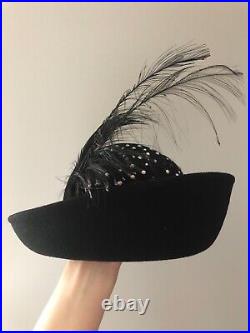 Vintage woman's black hat with feathers and sequins. Brand Kurt Jr, Wool