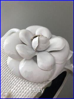 Vintage woman's deep white hat with beads and flower. Brand Carlos, Straw