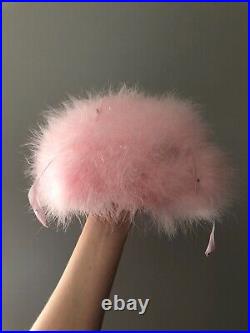 Vintage woman's pink hat with feathers and sequins. Brand Mr, John, Wool base