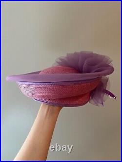 Vintage woman's pink hat with purple bow and with decor. Brand Doris, Straw