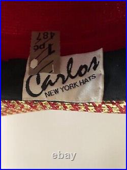 Vintage woman's red and gold hat with decor. Brand Carlos, Straw