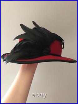 Vintage woman's red hat with black feathers. Brand Chapeau Creations, Wool