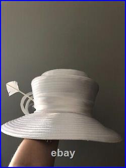 Vintage woman's white large hat with decor and feathers. Brand Sophia, Straw