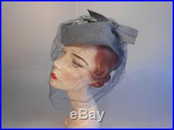 Vitnage 1940s WW2 Lavender Blue Felt Topper withLilac Lace Veil