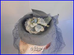 Vitnage 1940s WW2 Lavender Blue Felt Topper withLilac Lace Veil