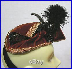Vtg 1890s Bonnet Maison Nouvelle Paris Sequins Feather Puff Maroon Velvet NICE