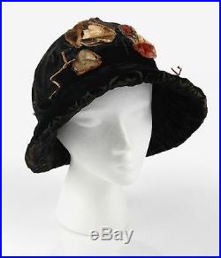 Vtg 1910 1920s HAUTE COUTURE Edwardian Silk Velvet Floral Flapper Cloche Hat
