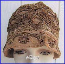 Vtg 1920s Flapper Cloche Hat Metallic Braided Brocade Cording Wood Beads Taupe