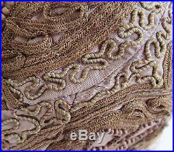 Vtg 1920s Flapper Cloche Hat Metallic Braided Brocade Cording Wood Beads Taupe