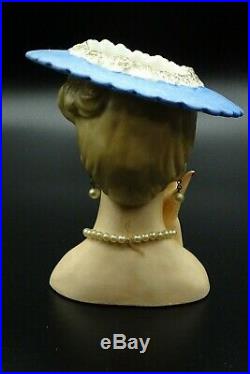 Vtg 1958 Napco Woman Head Vase Blue Hat Pearl Earrings & Necklace 5 1/2 C3307A