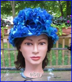 Vtg 1960's Evelyn Varon Exclusive BLUE Flower Petal Hat withVelvet Bow