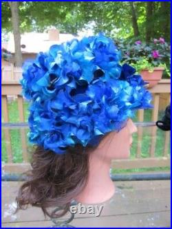 Vtg 1960's Evelyn Varon Exclusive BLUE Flower Petal Hat withVelvet Bow