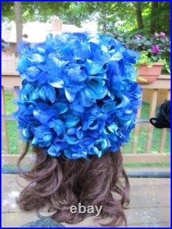 Vtg 1960's Evelyn Varon Exclusive BLUE Flower Petal Hat withVelvet Bow