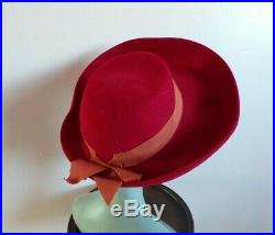 Vtg 40s Bright Red Felt Hat Upturned Brim Halo Breton Original 40s Hat