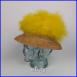 Vtg 50-60s Happy Cappers Yellow Feather Straw Mod Party Cocktail Hat Small 6 7/8