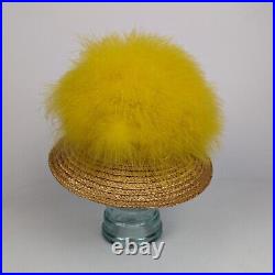 Vtg 50-60s Happy Cappers Yellow Feather Straw Mod Party Cocktail Hat Small 6 7/8